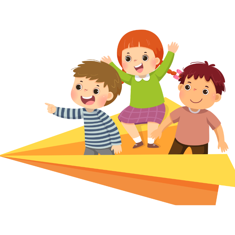 Kids riding a paper airplane