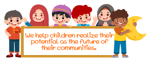 Diverse children holding a banner: We help children realize their potential as the future of their communities